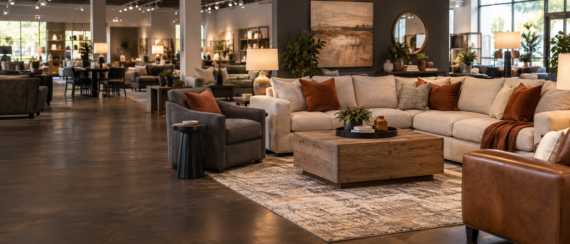 A warmly lit contemporary furniture showroom with sofas, chairs and tables